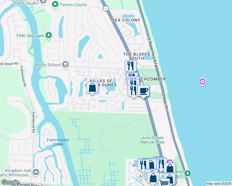 map of restaurants, bars, coffee shops, grocery stores, and more near 804 Ocean Dunes Circle in Jupiter