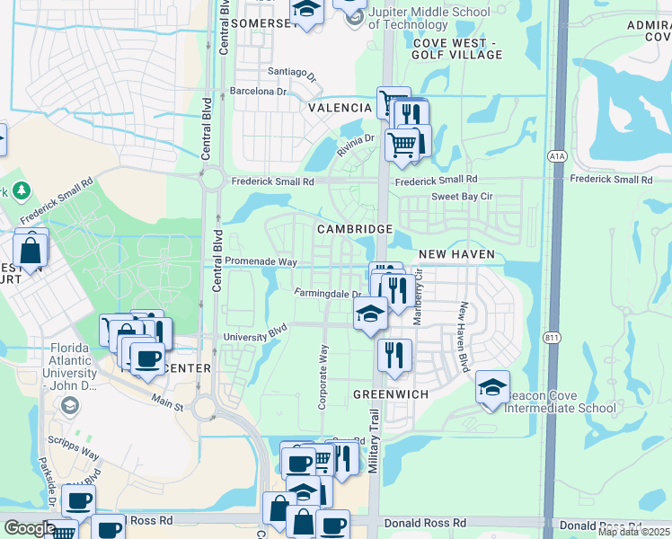 map of restaurants, bars, coffee shops, grocery stores, and more near 167 Waterford Drive in Jupiter