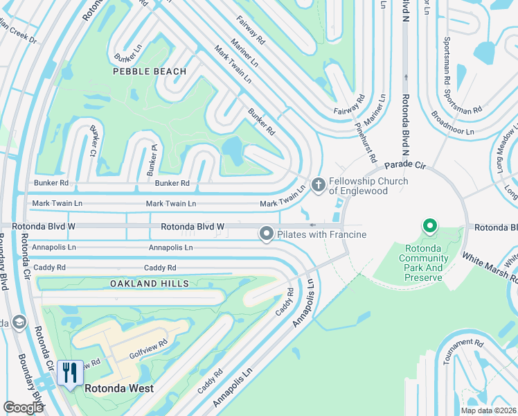 map of restaurants, bars, coffee shops, grocery stores, and more near 121 Mark Twain Lane in Rotonda West