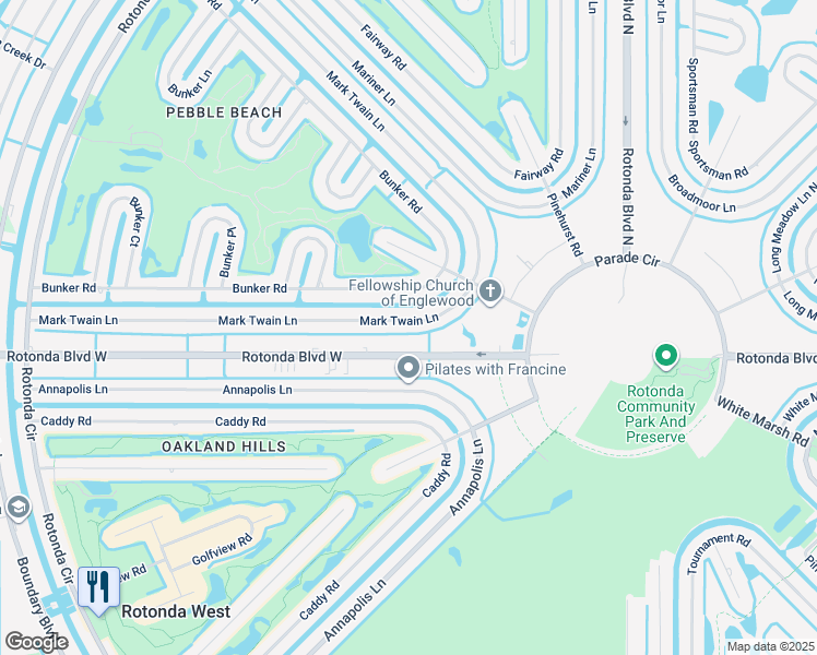 map of restaurants, bars, coffee shops, grocery stores, and more near 121 Mark Twain Lane in Rotonda West