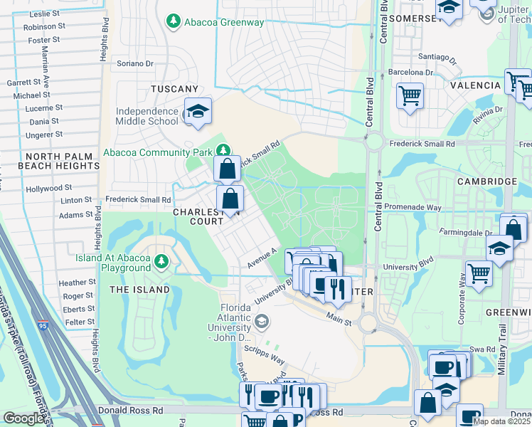 map of restaurants, bars, coffee shops, grocery stores, and more near 4435 Stadium Drive in Jupiter
