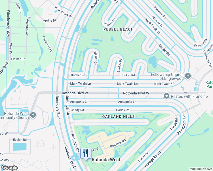 map of restaurants, bars, coffee shops, grocery stores, and more near 47 Mark Twain Ln in Rotonda West