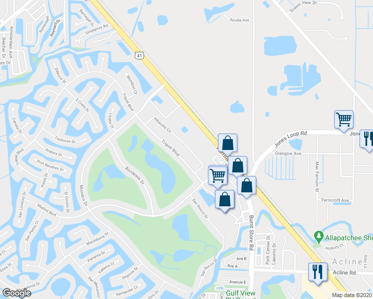 map of restaurants, bars, coffee shops, grocery stores, and more near 3805 Albacete Circle in Punta Gorda
