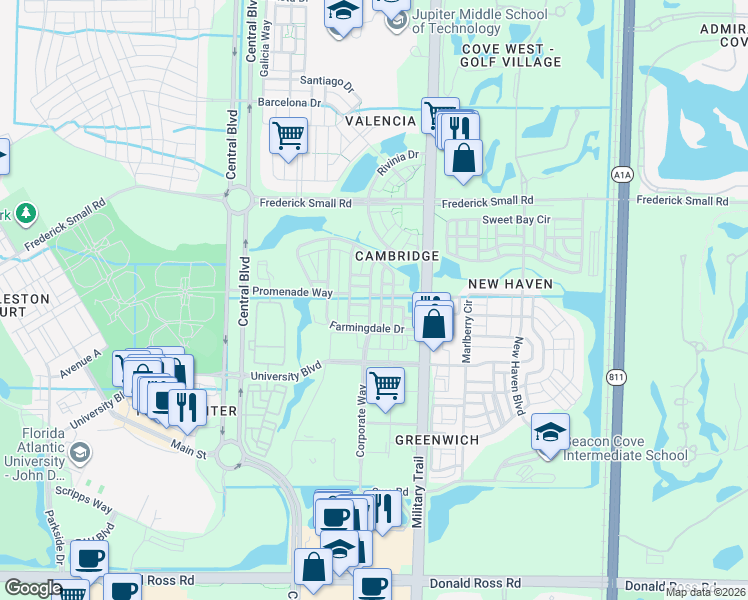 map of restaurants, bars, coffee shops, grocery stores, and more near 167 Waterford Drive in Jupiter