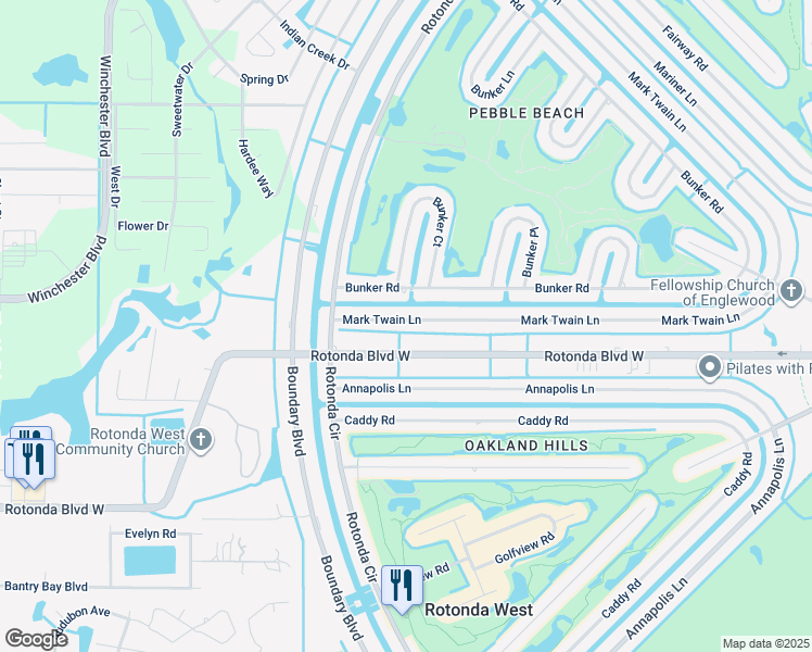 map of restaurants, bars, coffee shops, grocery stores, and more near 23 Mark Twain Lane in Rotonda West