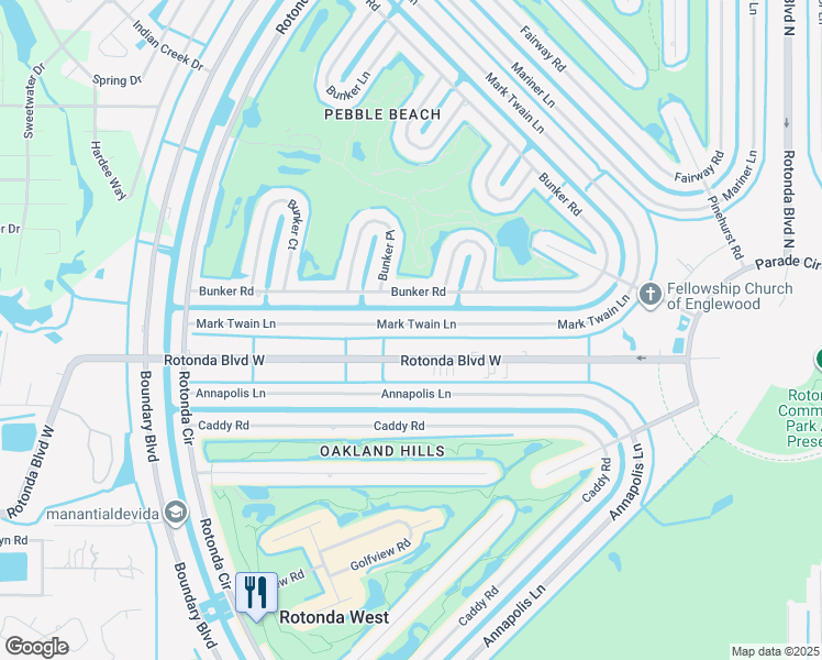 map of restaurants, bars, coffee shops, grocery stores, and more near 71 Mark Twain Lane in Rotonda West