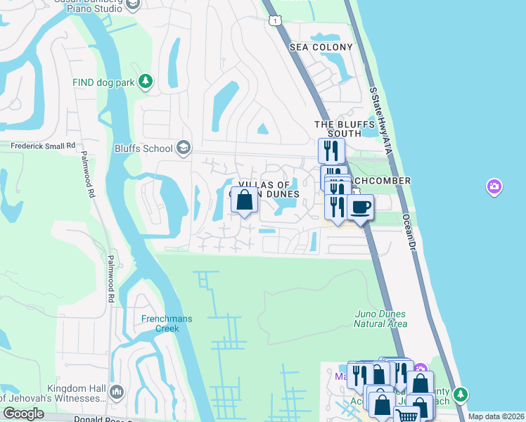 map of restaurants, bars, coffee shops, grocery stores, and more near 1107 Ocean Dunes Circle in Jupiter