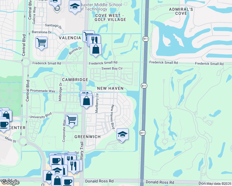 map of restaurants, bars, coffee shops, grocery stores, and more near 330 Lysiloma Lane in Jupiter