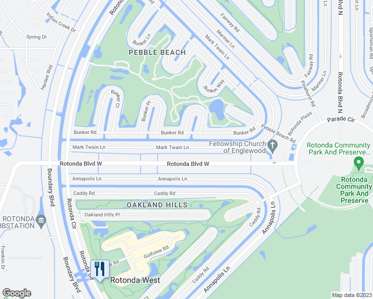 map of restaurants, bars, coffee shops, grocery stores, and more near 83 Mark Twain Lane in Rotonda West