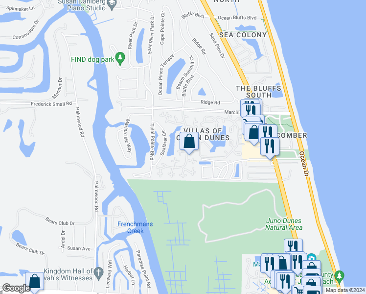 map of restaurants, bars, coffee shops, grocery stores, and more near 1719 17th Court in Jupiter