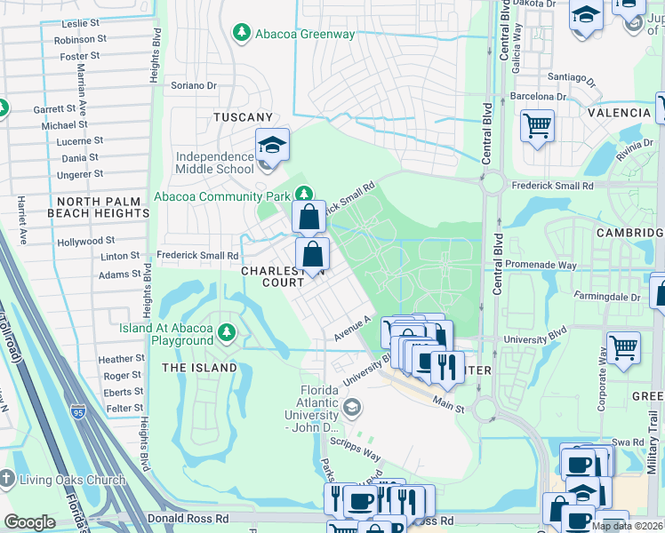 map of restaurants, bars, coffee shops, grocery stores, and more near 1504 East Main Street in Jupiter