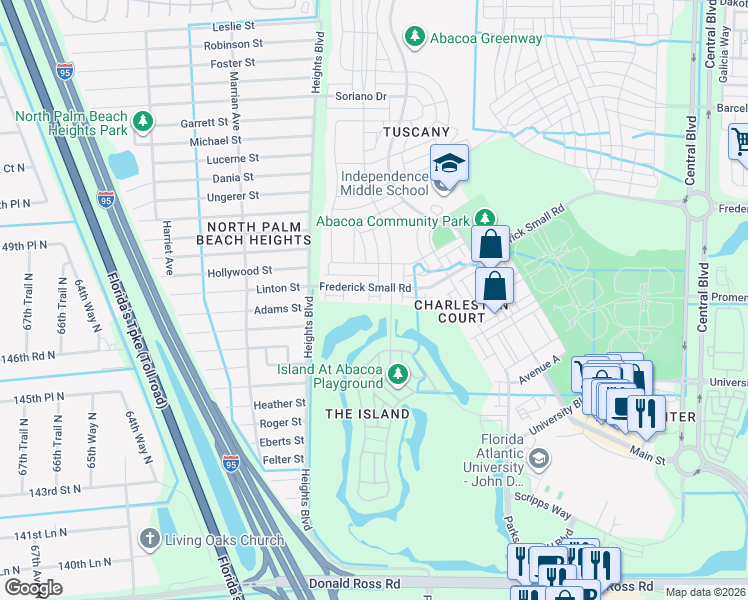 map of restaurants, bars, coffee shops, grocery stores, and more near 114 Courtenay Court in Jupiter