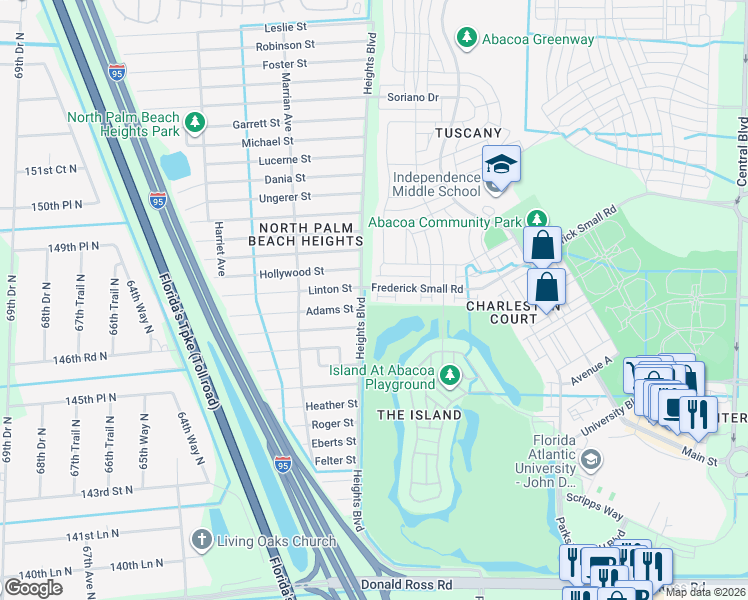 map of restaurants, bars, coffee shops, grocery stores, and more near 6096 Drake Street in Jupiter