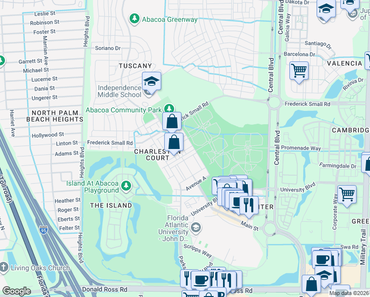 map of restaurants, bars, coffee shops, grocery stores, and more near 1504 East Main Street in Jupiter
