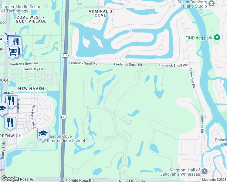 map of restaurants, bars, coffee shops, grocery stores, and more near 131 West Bears Club Drive in Jupiter