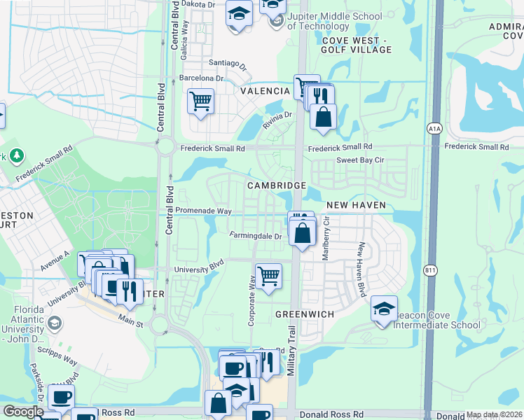 map of restaurants, bars, coffee shops, grocery stores, and more near 159 Waterford Drive in Jupiter