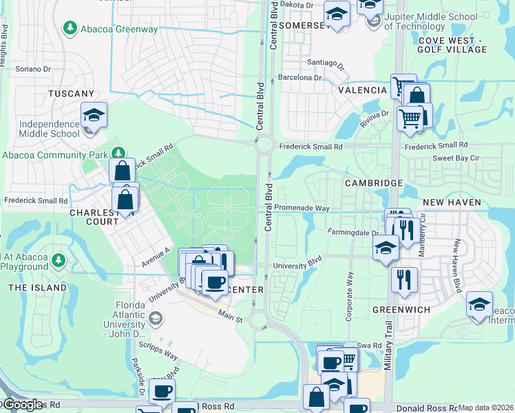 map of restaurants, bars, coffee shops, grocery stores, and more near Central Blvd & Promenade Way in Jupiter