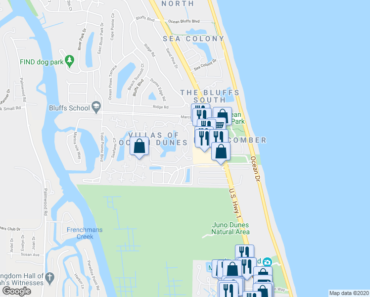 map of restaurants, bars, coffee shops, grocery stores, and more near 804 Ocean Dunes Circle in Jupiter