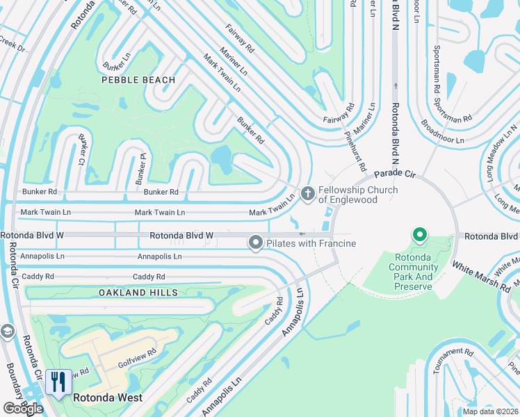 map of restaurants, bars, coffee shops, grocery stores, and more near 121 Mark Twain Lane in Rotonda West