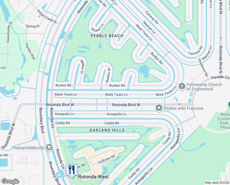 map of restaurants, bars, coffee shops, grocery stores, and more near 71 Mark Twain Lane in Rotonda West