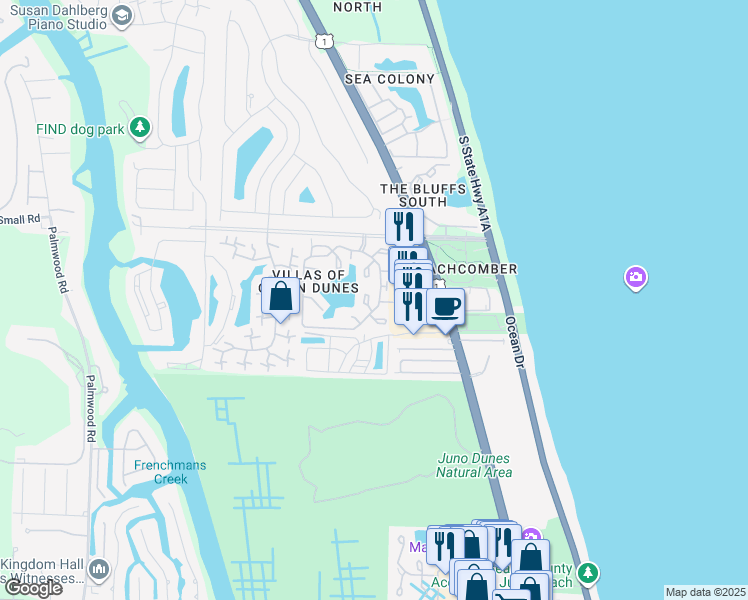 map of restaurants, bars, coffee shops, grocery stores, and more near 604 Ocean Dunes Circle in Jupiter