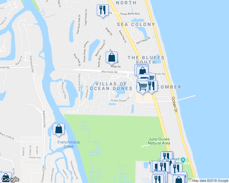 map of restaurants, bars, coffee shops, grocery stores, and more near 1111 Ocean Dunes Circle in Jupiter