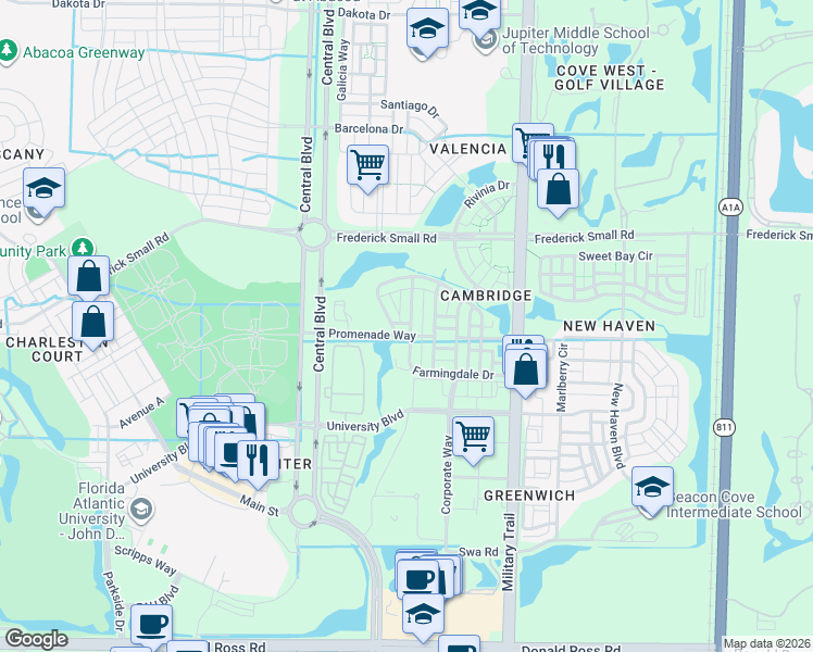 map of restaurants, bars, coffee shops, grocery stores, and more near 111 Shelburne Lane in Jupiter