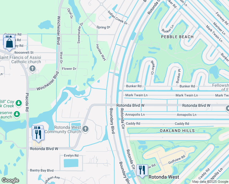 map of restaurants, bars, coffee shops, grocery stores, and more near 221 Boundary Boulevard in Rotonda West