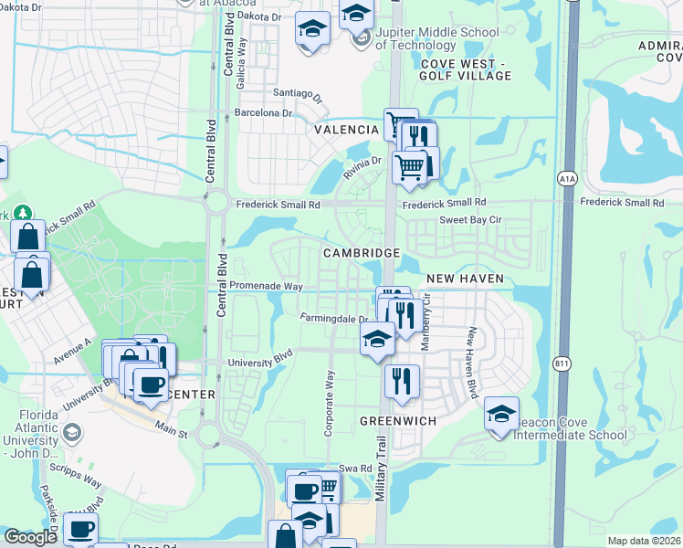 map of restaurants, bars, coffee shops, grocery stores, and more near 145 Waterford Drive in Jupiter