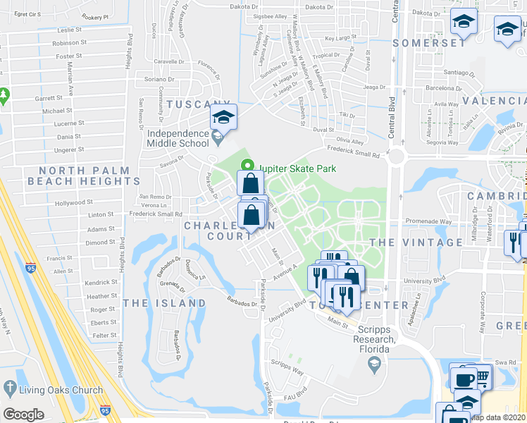 map of restaurants, bars, coffee shops, grocery stores, and more near 4186 Saint Lukes Lane in Jupiter