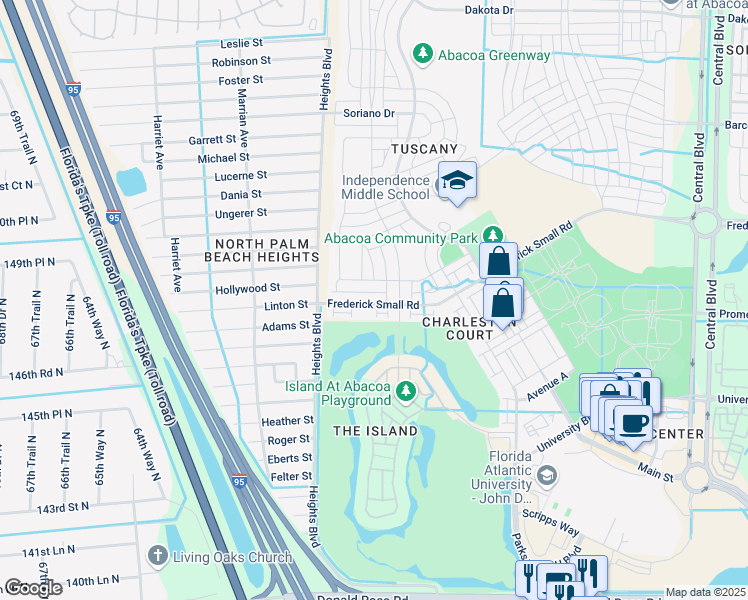 map of restaurants, bars, coffee shops, grocery stores, and more near 1885 Frederick Small Road in Jupiter