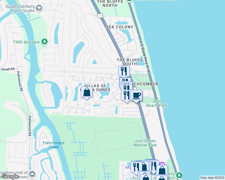 map of restaurants, bars, coffee shops, grocery stores, and more near 212 Ocean Dunes Circle in Jupiter