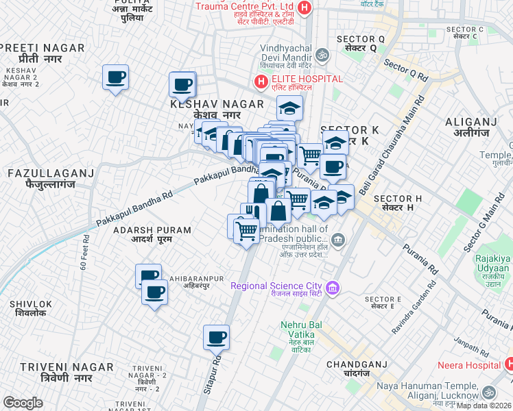 map of restaurants, bars, coffee shops, grocery stores, and more near Sitapur Road in Lucknow