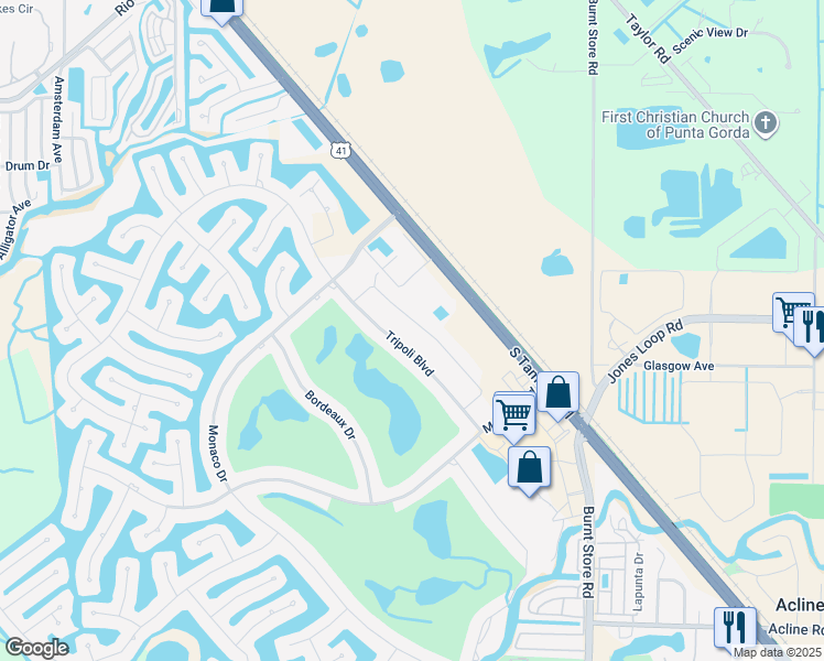 map of restaurants, bars, coffee shops, grocery stores, and more near 3749 Albacete Circle in Punta Gorda