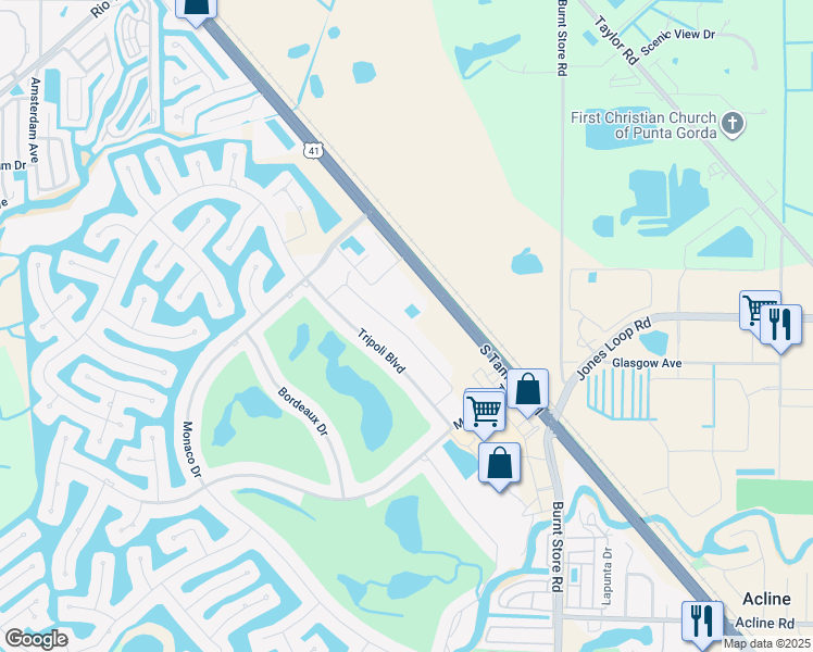 map of restaurants, bars, coffee shops, grocery stores, and more near 3772 Albacete Circle in Punta Gorda