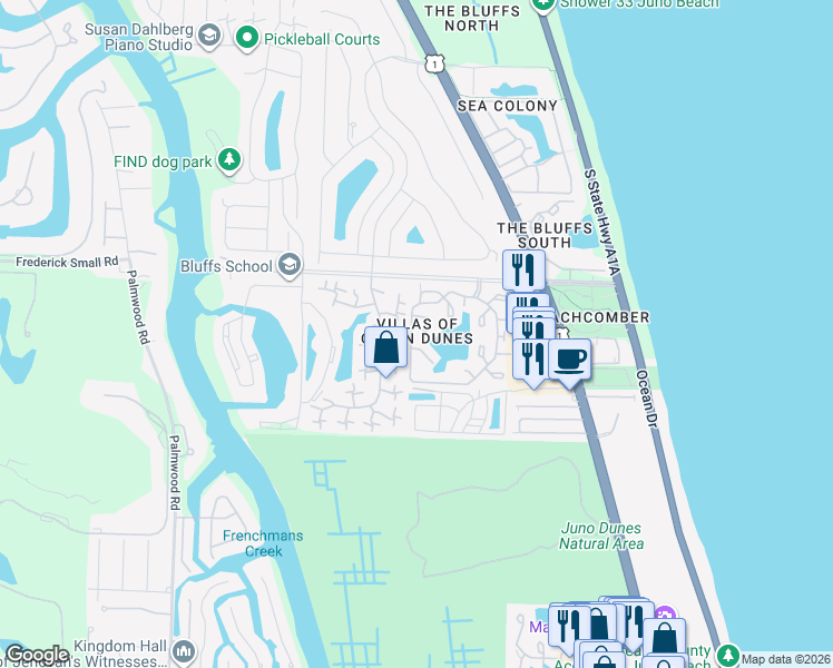 map of restaurants, bars, coffee shops, grocery stores, and more near 1218 Ocean Dunes Circle in Jupiter