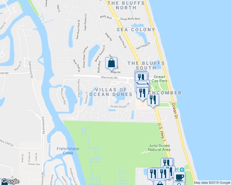 map of restaurants, bars, coffee shops, grocery stores, and more near 1218 Ocean Dunes Circle in Jupiter