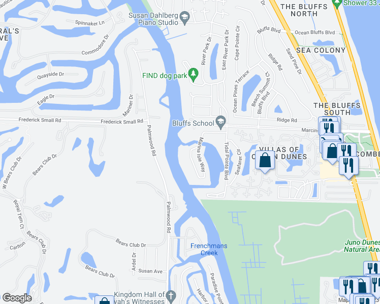 map of restaurants, bars, coffee shops, grocery stores, and more near 2601 Marina Isle Way in Jupiter