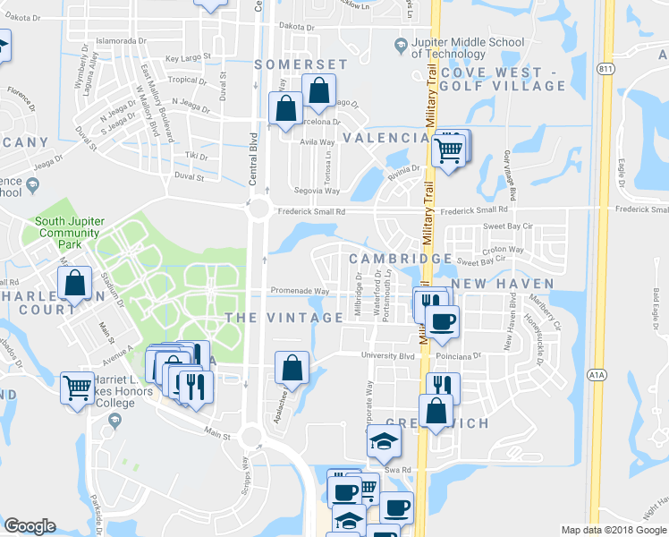map of restaurants, bars, coffee shops, grocery stores, and more near 114 Rockingham Road in Jupiter