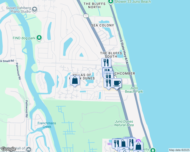 map of restaurants, bars, coffee shops, grocery stores, and more near 213 Ocean Dunes Circle in Jupiter