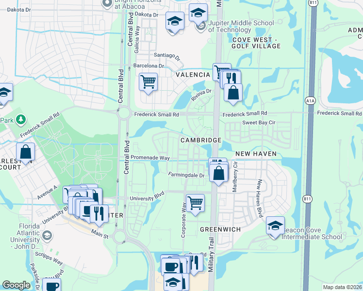 map of restaurants, bars, coffee shops, grocery stores, and more near 111 Milbridge Drive in Jupiter