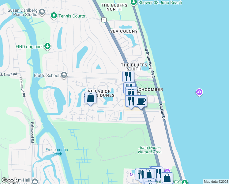 map of restaurants, bars, coffee shops, grocery stores, and more near 212 Ocean Dunes Circle in Jupiter