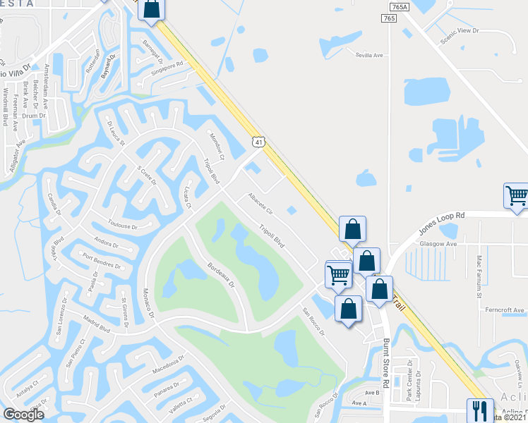 map of restaurants, bars, coffee shops, grocery stores, and more near 3749 Albacete Circle in Punta Gorda