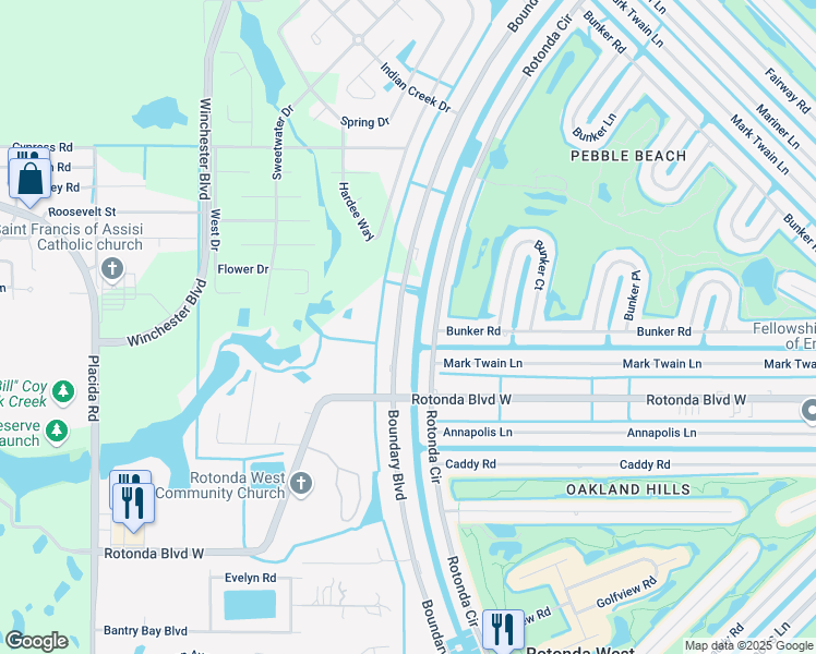 map of restaurants, bars, coffee shops, grocery stores, and more near 220 Boundary Boulevard in Rotonda West