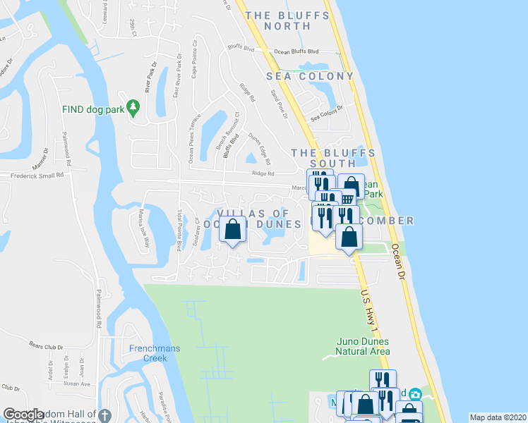 map of restaurants, bars, coffee shops, grocery stores, and more near 1222 Ocean Dunes Circle in Jupiter