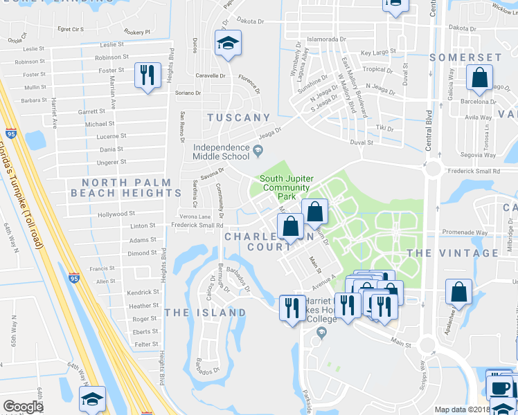 map of restaurants, bars, coffee shops, grocery stores, and more near 4119 Parkside Drive in Jupiter