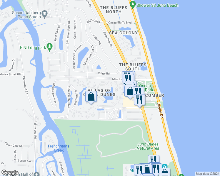 map of restaurants, bars, coffee shops, grocery stores, and more near 212 Ocean Dunes Circle in Jupiter