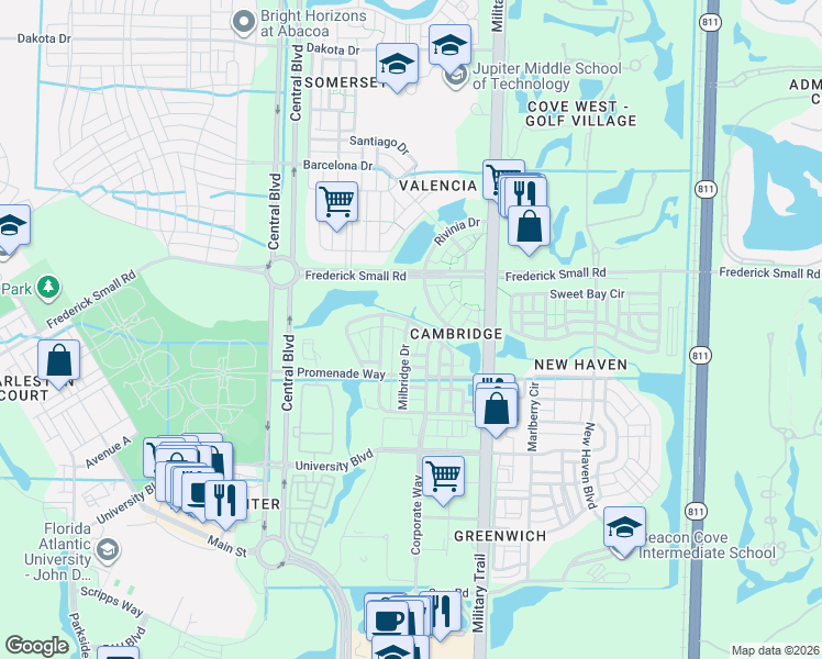map of restaurants, bars, coffee shops, grocery stores, and more near 111 Milbridge Drive in Jupiter