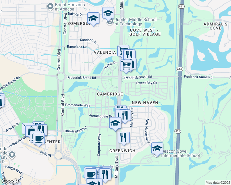 map of restaurants, bars, coffee shops, grocery stores, and more near 155 Andover Drive in Jupiter