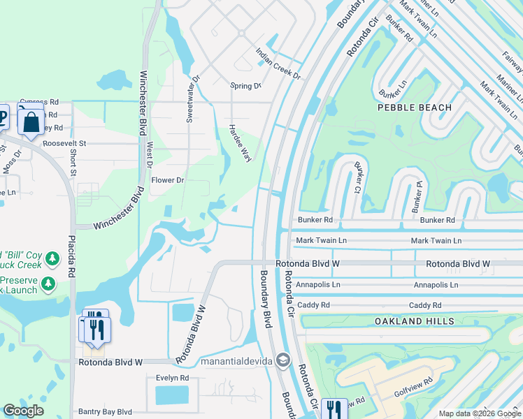 map of restaurants, bars, coffee shops, grocery stores, and more near 221 Boundary Boulevard in Rotonda West